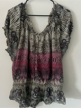 Y2K Ombre Pink and Cream Button-Front Peasant Top